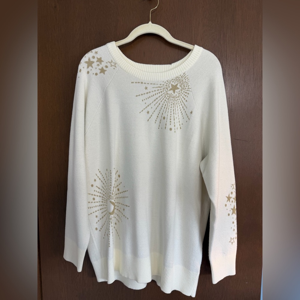 Torrid White Sweater with Gold Starburst Design